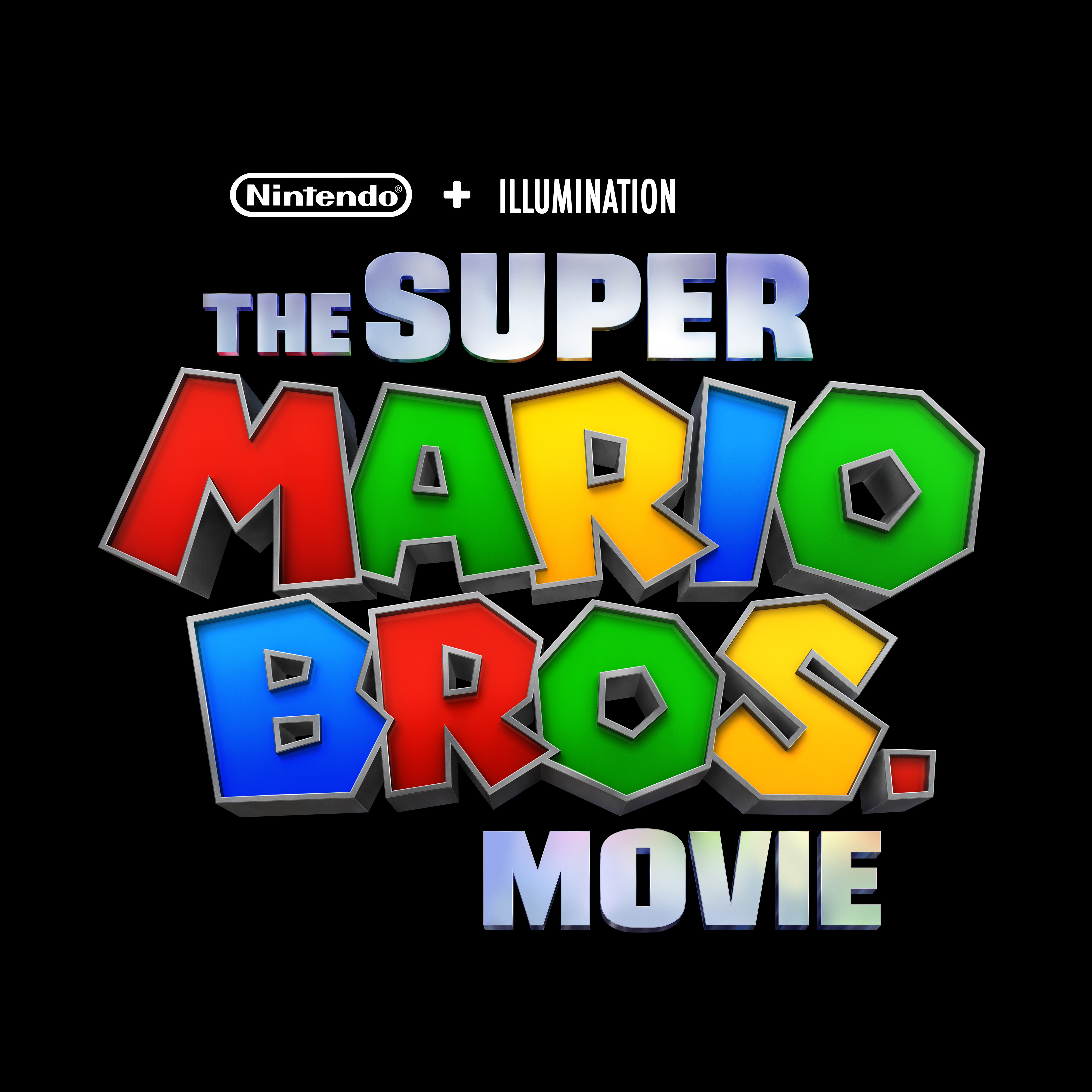 Logo for The Super Mario Bros. Movie with black background and Nintendo+Illumination logos