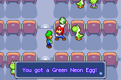 Mario and Luigi getting the Green Neon Egg from starving green Yoshi in Yoshi Theater of Mario & Luigi: Superstar Saga.