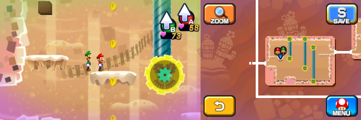 Mario and Luigi near 4 Coins in Dreamy Dozing Sands accessed by Dreampoint housing the Dream Stone's spirit of Mario & Luigi: Dream Team.