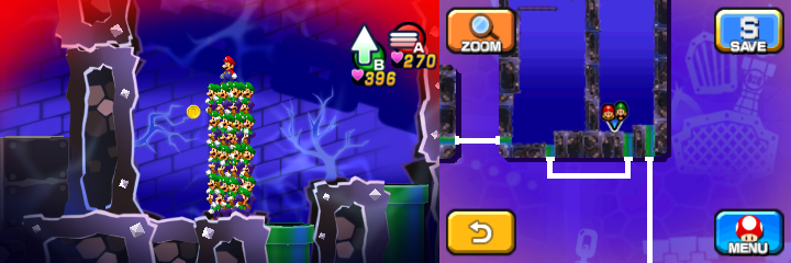 Mario and Luiginoids (in the shape of a stack) near 6 Coins (with one visible) in Dreamy Neo Bowser Castle accessed by the first Dark Stone platform Dreampoint of Mario & Luigi: Dream Team.