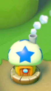 Screenshot of the Blue Bonus Game House in Super Mario Run, It has been placed somewhere in the kingdom.