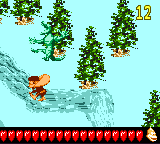 Dixie Kong defeating a Kobble in the second Bonus Area of Polar Pitfalls in Donkey Kong GB: Dinky Kong & Dixie Kong