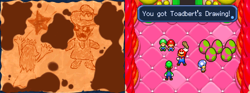 The quartet getting the drawing from Toadbert in Yoob's Belly of Mario & Luigi: Partners in Time.