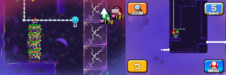 Mario and Luiginoids (in the shape of a stack) near 7 Coins (with only one partially visible) in Dream's Deep accessed by Dreamy Pi'illo Castle accessed by the Dreampoint of Mario & Luigi: Dream Team.