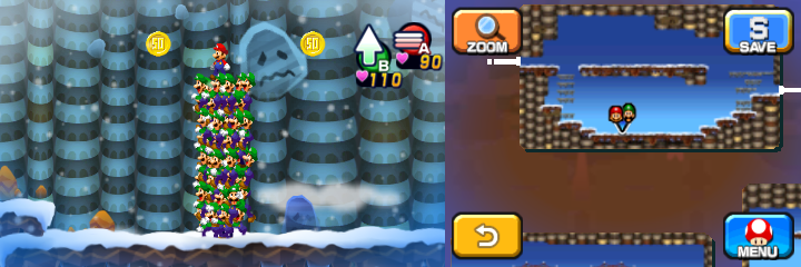 Mario and Luiginoids (in the shape of a stack) near 2 50-Coins in Dreamy Mount Pajamaja accessed by a Dreampoint found at the peak of the real world mountain of Mario & Luigi: Dream Team.
