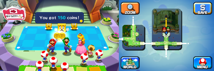 Mario and Luigi being given up to 150 Coins from Broque Monsieur in Pi'illo Blimport of Mario & Luigi: Dream Team.