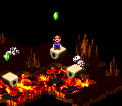 Mario finding last two Frog Coins in Barrel Volcano of Super Mario RPG: Legend of the Seven Stars.