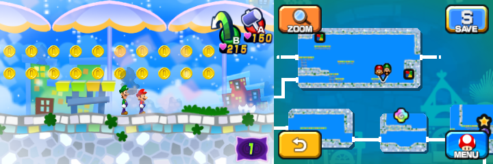 Mario and Luigi near 20 Coins in Dreamy Wakeport accessed by the Bedsmith Pi'illo/Pi'iloper's Dreampoint of Mario & Luigi: Dream Team.