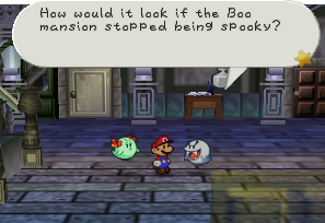 Mario (middle) and Lady Bow (left) talking to Franky (right) in Boo's Mansion.