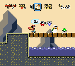 Mario kicking a Koopa Shell at more Shells in Chocolate Island 5.