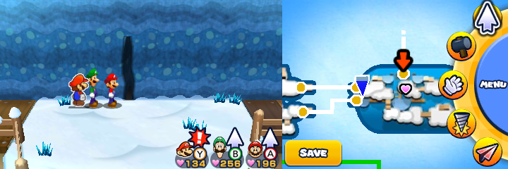 Group near a crack in the wall containing the Filler Gloves DX, Max Candy and 3 Max Syrup Jars in Mount Brrr of Mario & Luigi: Paper Jam.