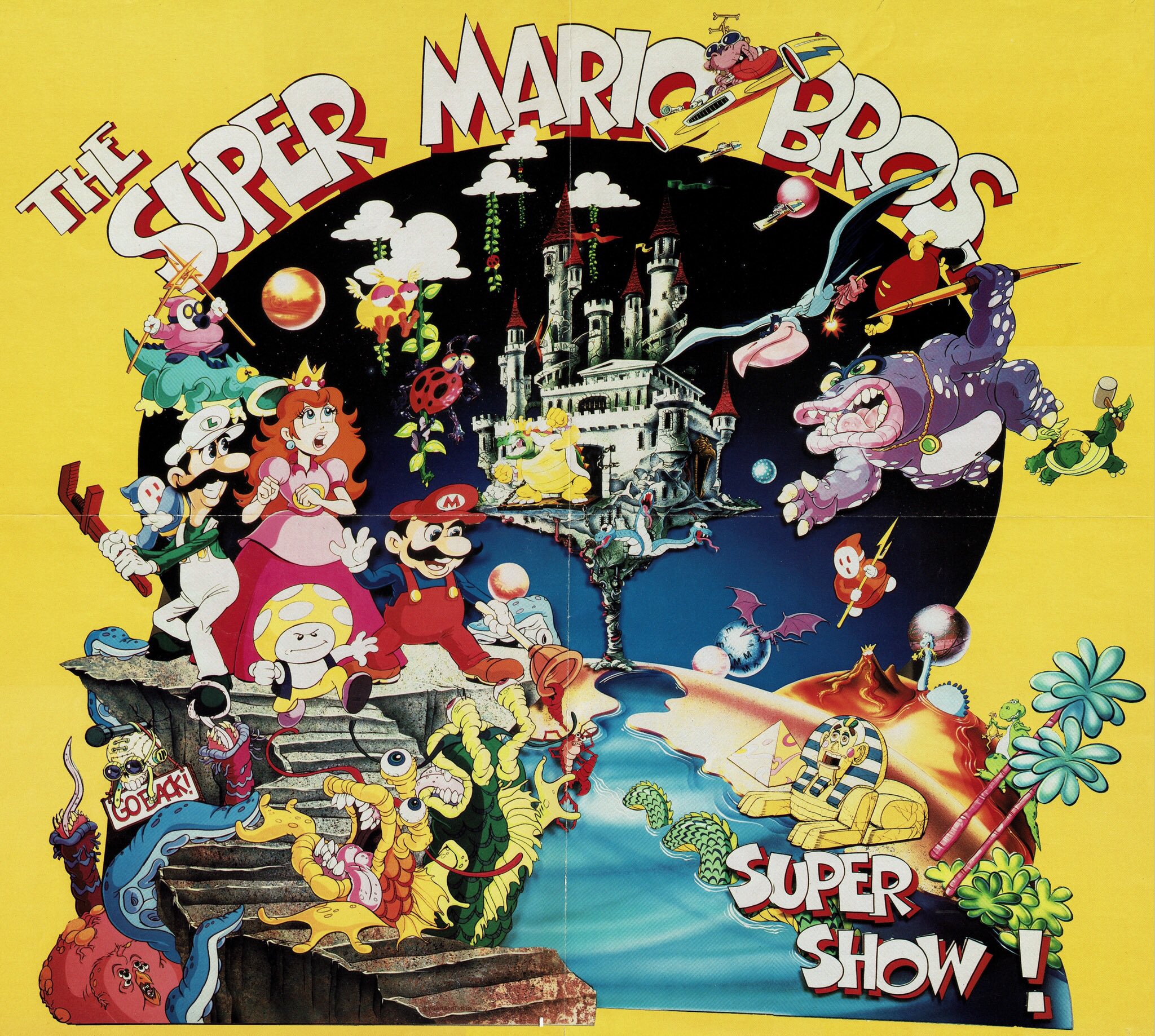 A poster depicts Mario, Luigi, and Toad, the former two armed with a plunger and a wrench, respectively, guarding Princess Toadstool. They stand to the left side of the poster from the viewer's perspective, and defend the princess from various monsters trying to climb up or attacking from above. Some of the monsters appear to be recognizable enemies from Super Mario Bros. 2, like a Snifit. Others appear to be original designs. On the right side of the poster from the same perspective, there are more flying monsters, and below them is a desert area with a Sphinx-like monster. In the background of the scene, a castle rises on a thin stalk, and an off-model Bowser stands outside the castle entrance. At the top of the scene, the words "The Super Mario Bros." stretch across the poster, while the words "Super Show!" appear in the bottom right, beneath the desert.