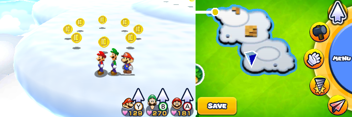 Group near 8 10-Coins in Sunbeam Plains of Mario & Luigi: Paper Jam.