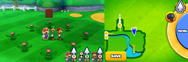 Group near 8 spinny flowers containing a Coin each in Sunbeam Plains of Mario & Luigi: Paper Jam.