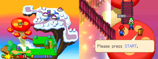 Mario, Luigi and Stuffwell in Hollijolli Village of Mario & Luigi: Partners in Time, before two Mushrooms spawn inside Stuffwell.