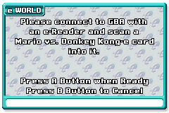 The menu that appears when scanning a new card for Mario vs. Donkey Kong-e, the unreleased North American e-Reader mode of Mario vs. Donkey Kong.
