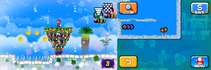 Mario and Luiginoids (in the shape of a cone) near 4 Coins in Dreamy Wakeport accessed by the fourth Pink Pi'illo of Mario & Luigi: Dream Team.