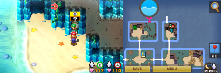 Third block in Gwarhar Lagoon of Mario & Luigi: Superstar Saga + Bowser's Minions.