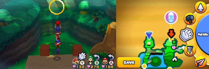 Group near a golden ring containing 14 10-Coins in Gloomy Woods of Mario & Luigi: Paper Jam.