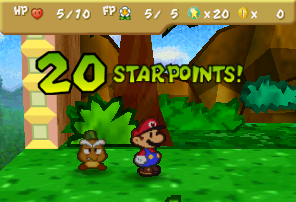 Image of Mario earning twenty Star Points from Jr. Troopa, in Paper Mario.