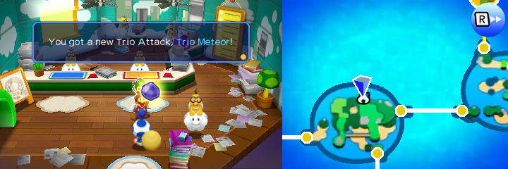 Mario getting the Trio Meteor Trio Attack from the Delivery Toad in Twinsy Tropics of Mario & Luigi: Paper Jam.