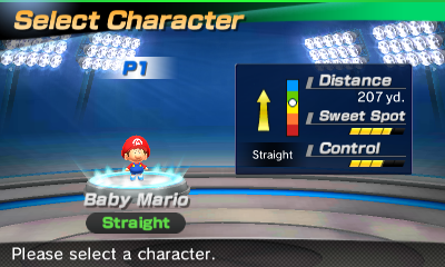 Baby Mario's stats in the golf portion of Mario Sports Superstars