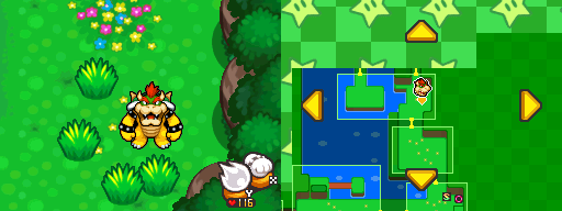 Bowser near 4 clumps of grass, in which 2 contain a Coin each in Dimble Wood of Mario & Luigi: Bowser's Inside Story.