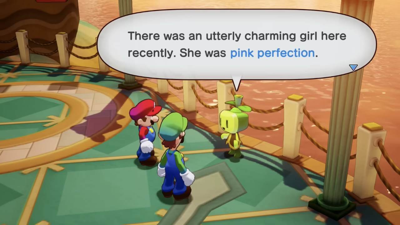 Mario and Luigi speaking with a resident on Merrygo Island to begin the A Vision in Pink side quest in Mario & Luigi: Brothership.