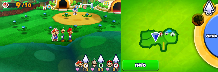 Group near 11 spinny flowers containing a Coin each in Paper Toad Hide-and-Seek mission of Mario & Luigi: Paper Jam.