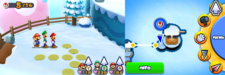 Group near 8 unflipped paper flowers containing a Five Coin each in Paper Toad Patrol mission of Mario & Luigi: Paper Jam.