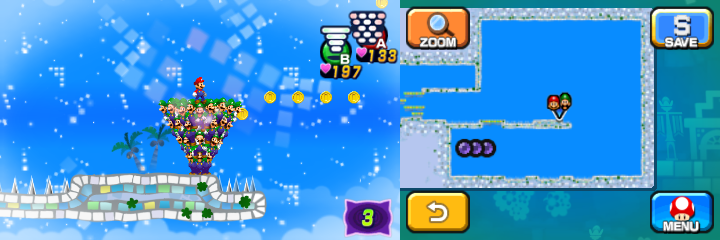 Mario and Luiginoids (in the shape of a cone) near 25 Coins (with 6 visible) in Dreamy Wakeport accessed by the fourth Pink Pi'illo of Mario & Luigi: Dream Team.