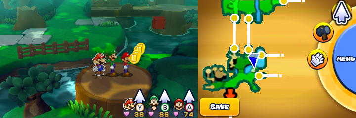 Group near 2 Five Coins and 2 10-Coins in Gloomy Woods of Mario & Luigi: Paper Jam.