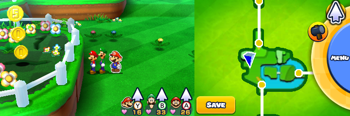 Group near 2 Coins, a Five Coin and a 10-Coin (with 2 Coins and Five Coin visible) in Sunbeam Plains of Mario & Luigi: Paper Jam.