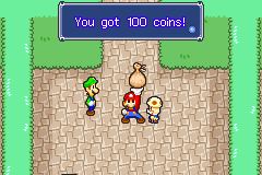 Mario getting 100 Coins from Toadsworth in Toadtown Square of Mario & Luigi: Superstar Saga.