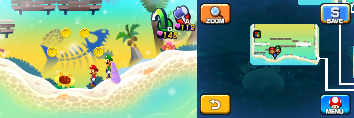 Mario and Luigi near 4 Coins in Dreamy Driftwood Shore housing Seadric the Seadring of Mario & Luigi: Dream Team.