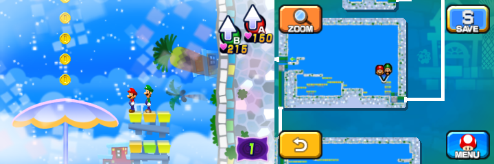 Mario and Luigi near 19 Coins and 100-Coin (with 4 Coins visible) in Dreamy Wakeport accessed by the Bedsmith Pi'illo/Pi'iloper's Dreampoint of Mario & Luigi: Dream Team.