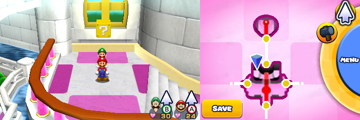 Eighth block in non-damaged Peach's Castle of Mario & Luigi: Paper Jam.