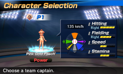 Pink Gold Peach's stats in the baseball portion of Mario Sports Superstars