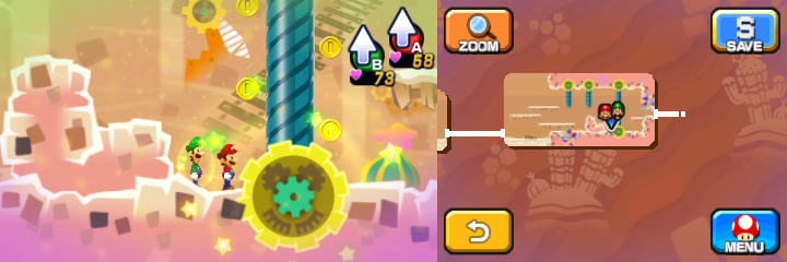 Mario and Luigi near 7 Coins (with 4 visible) in Dreamy Dozing Sands accessed by Dreampoint housing the Dream Stone's spirit of Mario & Luigi: Dream Team.