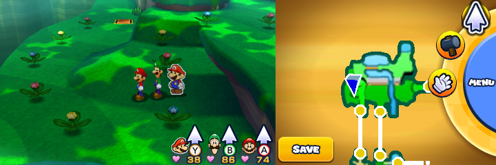 Group near 10 spinny flowers containing a Five Coin each in Gloomy Woods of Mario & Luigi: Paper Jam.