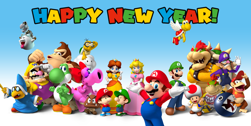 Mario and the other main characters of the Super Mario franchise alongside the text "Happy New Year!"