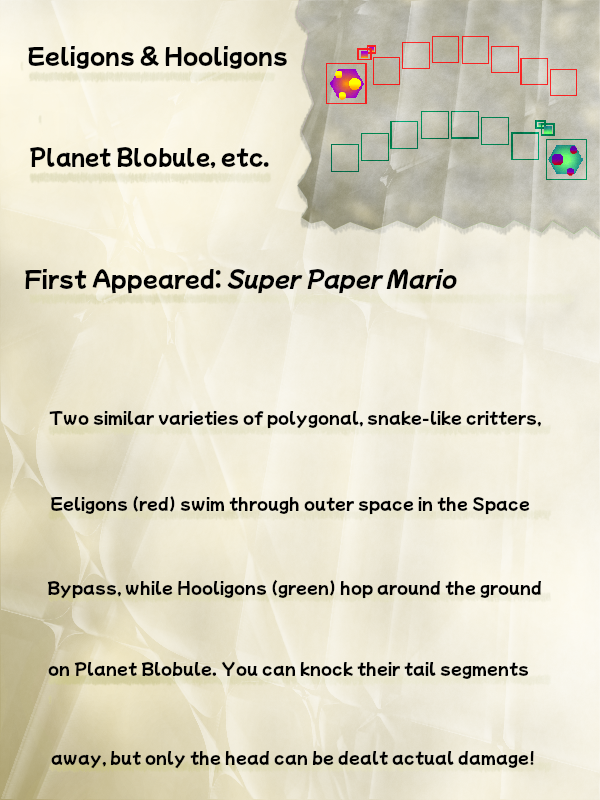 A faded, crinkled journal page titled "Eeligons & Hooligons" displays the sprites of an Eeligon and Hooligon from Super Paper Mario. Beneath the title is a line reading "Planet Blobule, etc.". Beneath this line, the next reads "First Appeared: Super Paper Mario". After this, the text reads: "Two similar varieties of polygonal, snake-like critters, Eeligons (red) swim through outer space in the Space Bypass, while Hooligons (green) hop around the ground on Planet Blobule. You can knock their tail segments away, but only the head can be dealt actual damage!"