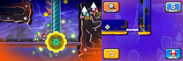 Mario and Luigi near 16 Coins, 50-Coin and a 100-Coin (with 2 Coins visible) in Dreamy Neo Bowser Castle accessed by the second Dark Stone platform Dreampoint of Mario & Luigi: Dream Team.