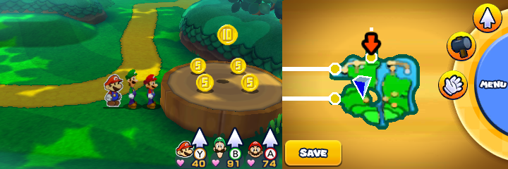 Group near 4 Five Coins and a 10-Coin in Gloomy Woods of Mario & Luigi: Paper Jam.