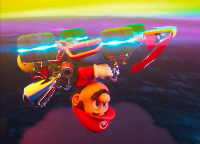 Mario with Anti-gravity on Rainbow Road, in The Super Mario Bros. Movie