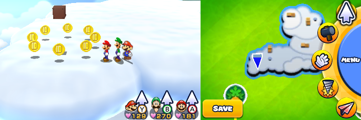 Group near 8 10-Coins in Sunbeam Plains of Mario & Luigi: Paper Jam.