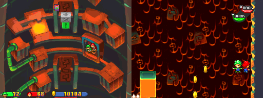 Baby Mario and Baby Luigi near the line of coins in Thwomp Caverns of Mario & Luigi: Partners in Time.
