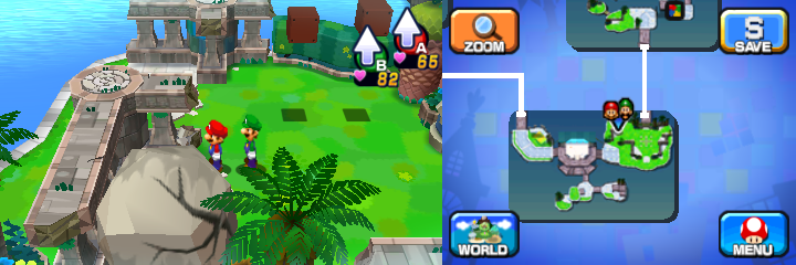 Mario and Luigi near a boulder containing a Coin in Wakeport of Mario & Luigi: Dream Team.