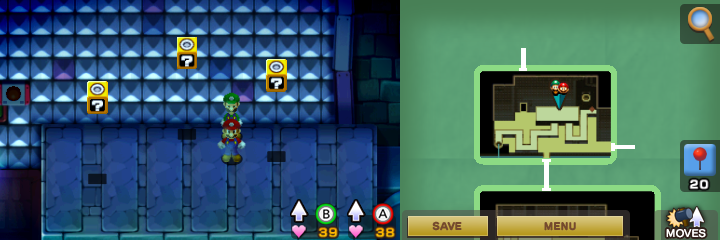 Second, third and fourth blocks in Beanbean Castle of Mario & Luigi: Superstar Saga + Bowser's Minions.