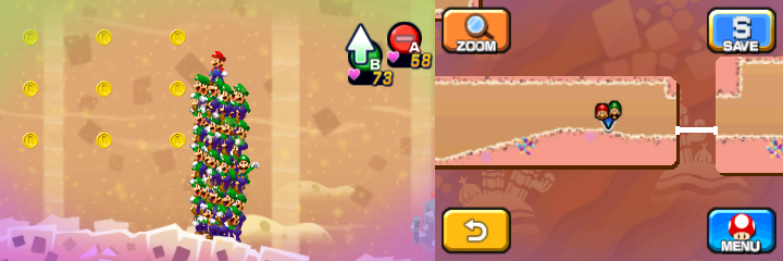 Mario and Luiginoids (in the shape of a stack) near 15 Coins (with 9 visible) in Dreamy Dozing Sands accessed by Dreampoint housing the Dream Stone's spirit of Mario & Luigi: Dream Team.